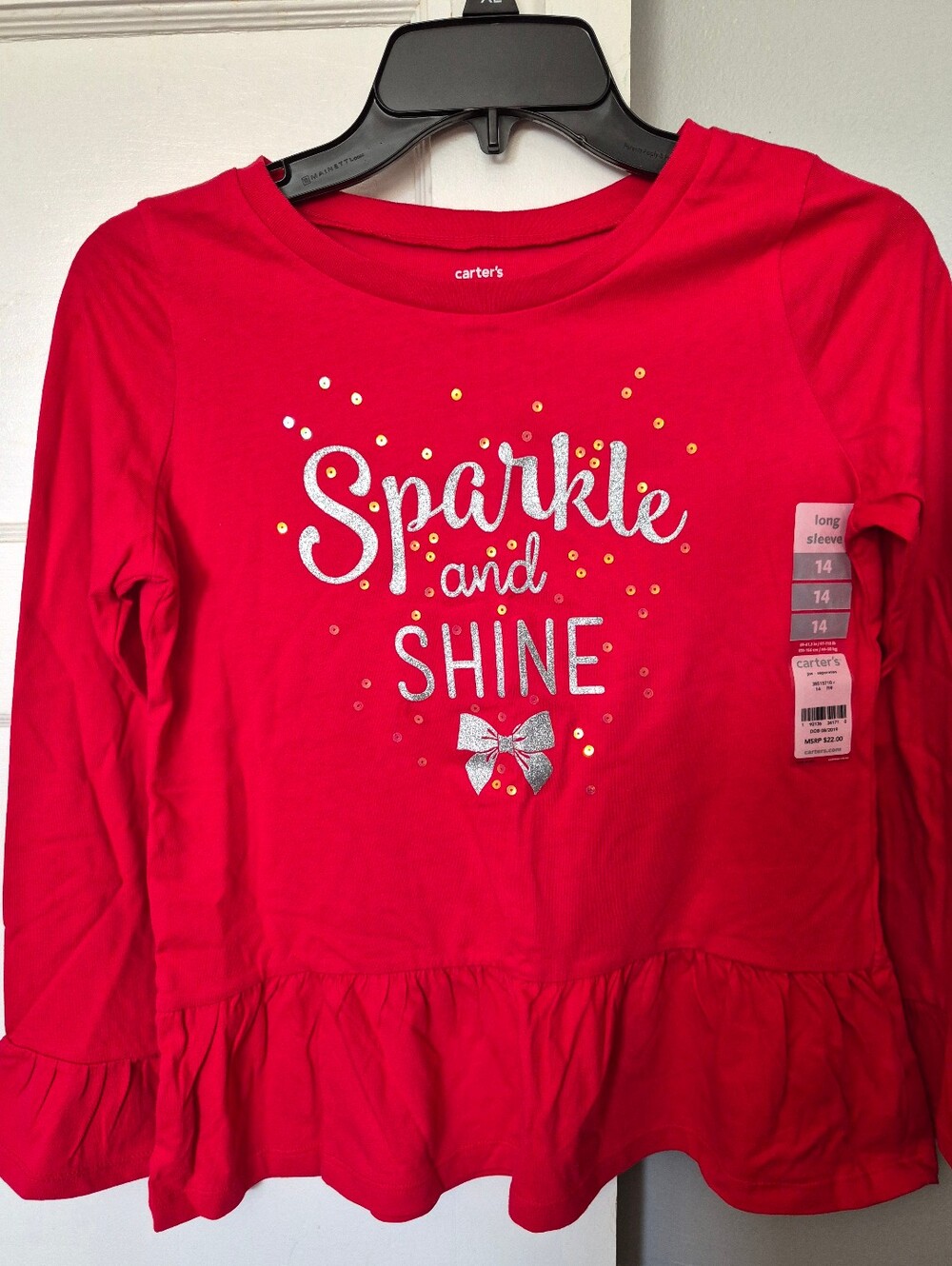Carter's Red Long Sleeve 'Sparkle and Shine' Top with Ruffle Hem